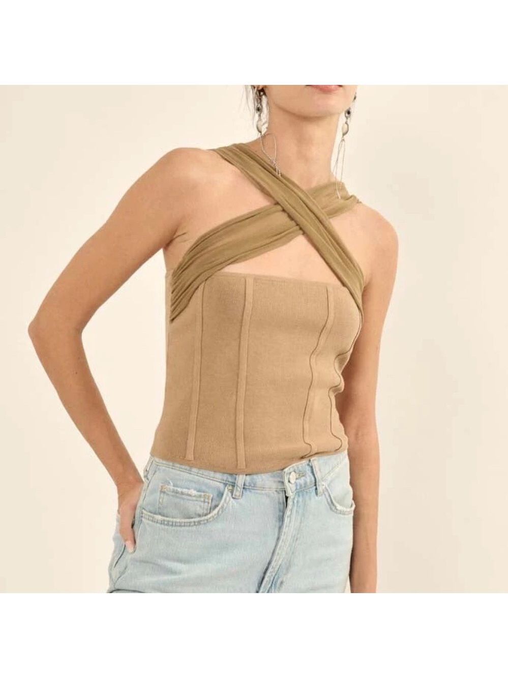 Promise the Label Shaper Fit Cross-Front Rib-Knit Corset Top in Taupe/Tan- NWOT - Picture 2 of 6